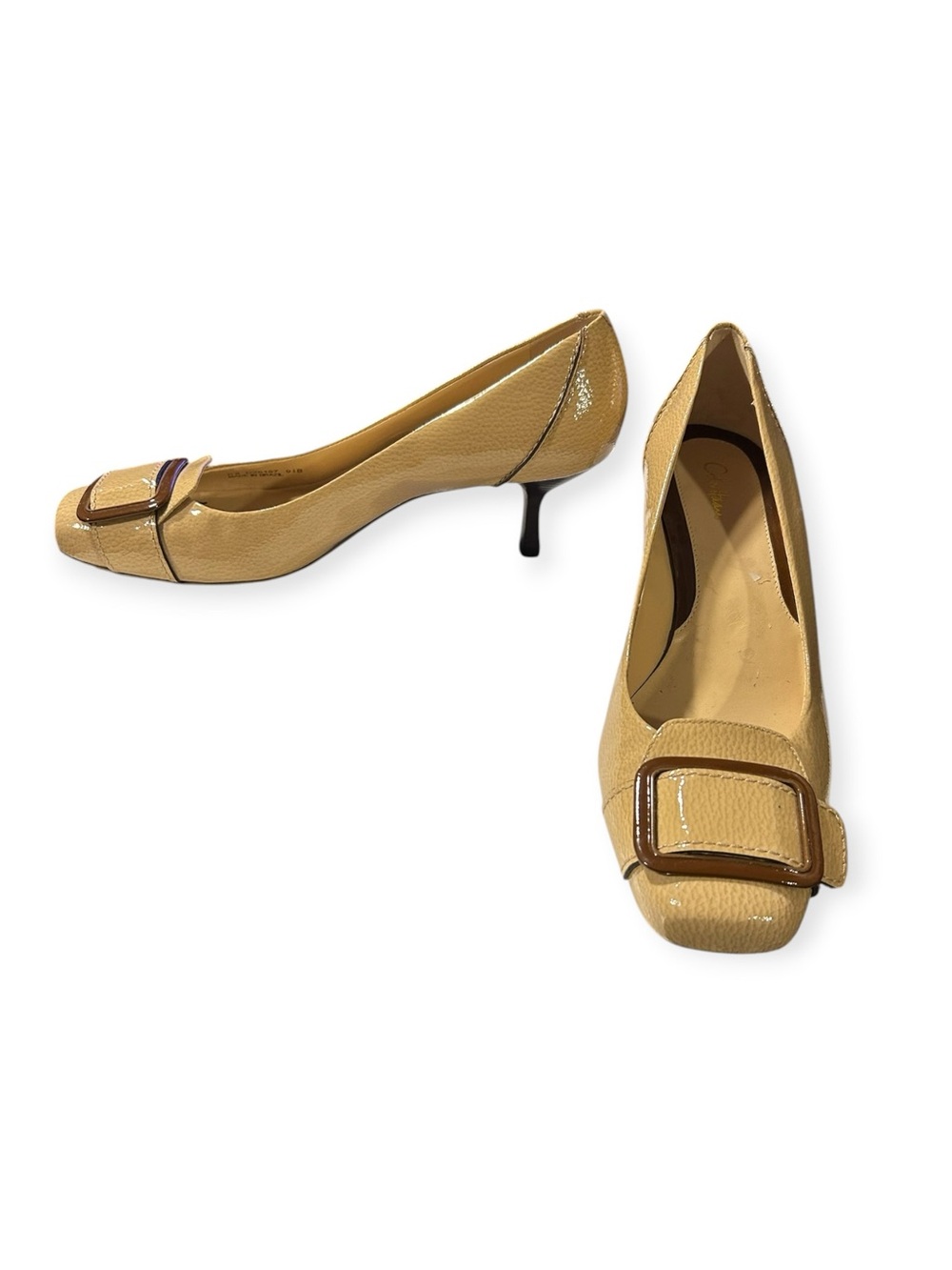 Vintage Cole Haan Tan Beige Patent Leather Square Toe Buckle Block Heel Pumps 9. - Picture 3 of 7